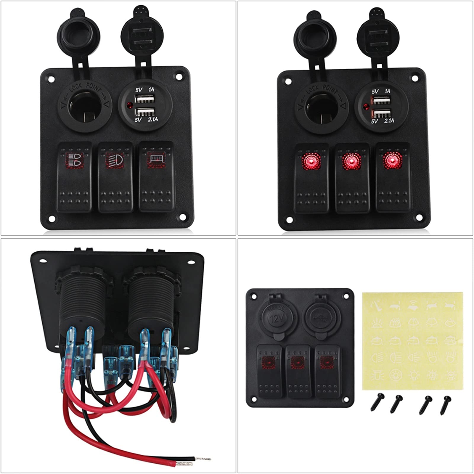 Panel de interruptores basculantes for motocicleta y coche, 3 unidades, con cargador doble, encendido apagado, resistente al agua, for panel marinos for barco, automático, 12 V 24