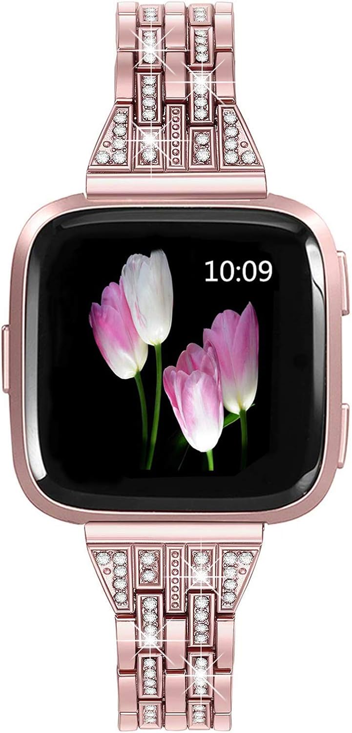 Mtozon Metal Bands Compatible with Fitbit Versa/Versa 2/Versa Lite, Replacement Metal Rhinestone Bling Bracelet Wristband for Women, Silver Rose Gold Black