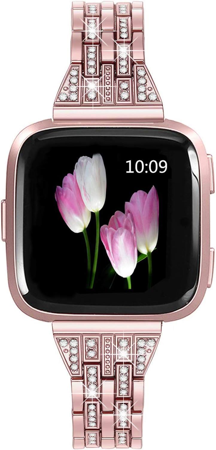 Bands Compatible with Fitbit Versa 2/Versa Lite/Versa, Women Replacement Metal Rhinestone Bling Bracelet Wristband, Rose Gold