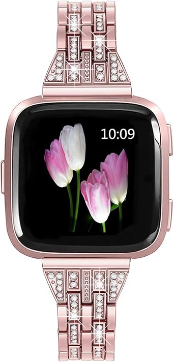 Bands Compatible with Fitbit Versa 2/Versa Lite/Versa, Women Replacement Metal Rhinestone Bling Bracelet Wristband, Rose Gold