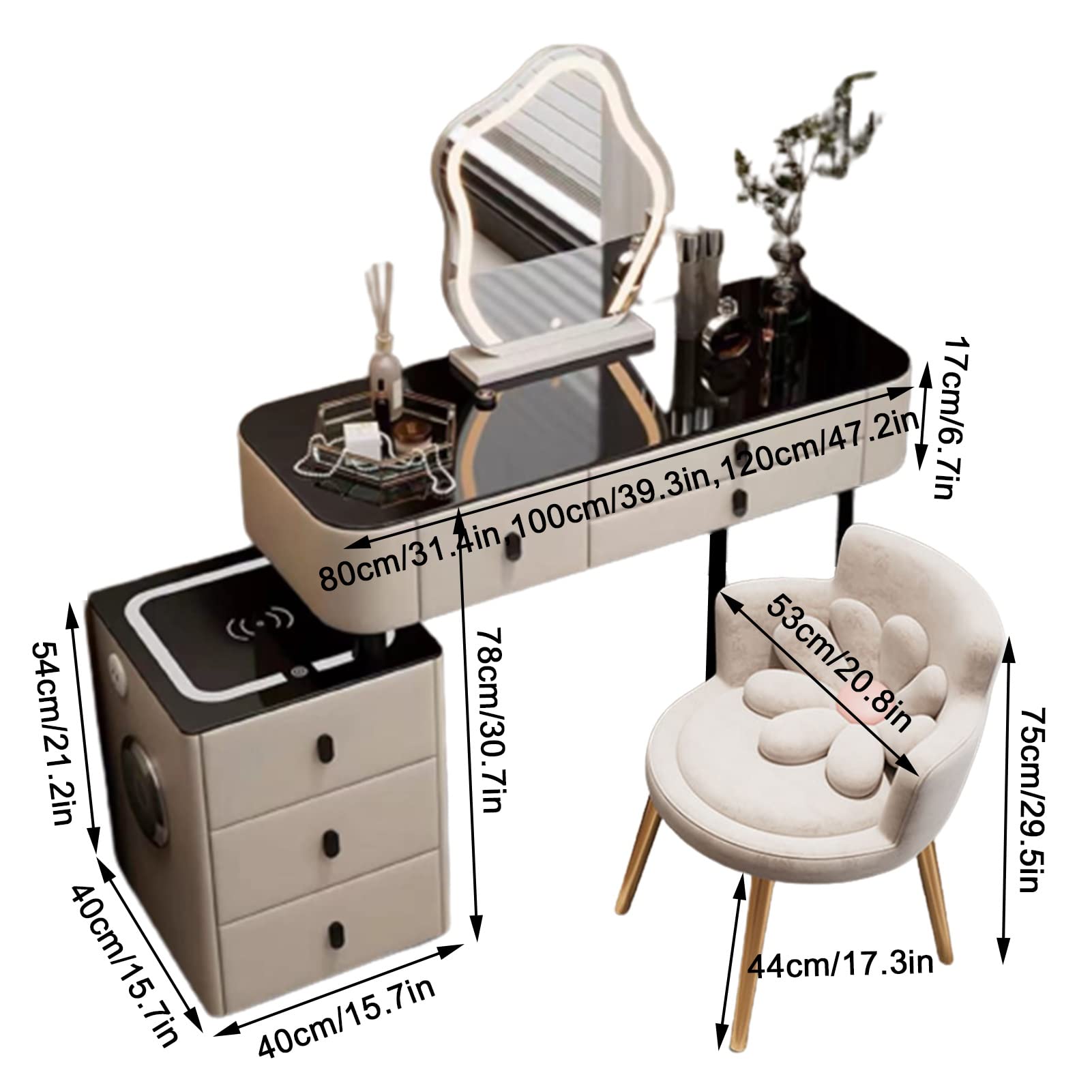 Elegancka szara toaletka z lustrem LED, 3 tryby kolorów, 3 szuflady, stylowy stół do makijażu i szafka do przechowywania do sypialni, elegancka dekoracja domu i niezbędne akcesoria kosmetyczne
