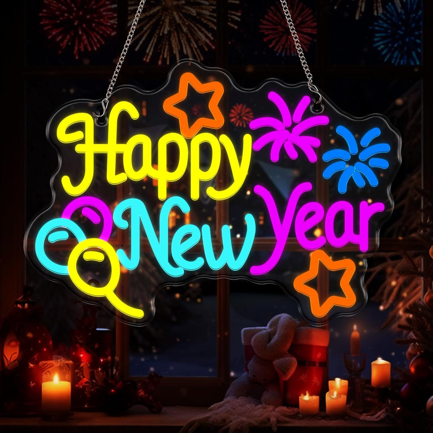 Happy New Year Neon Sign Light USB Powered LED Happy New Year Neon Sign Balloon Fireworks Window Lights for Bedroom Wall Decor 2026 Spring Festival Party Supplies