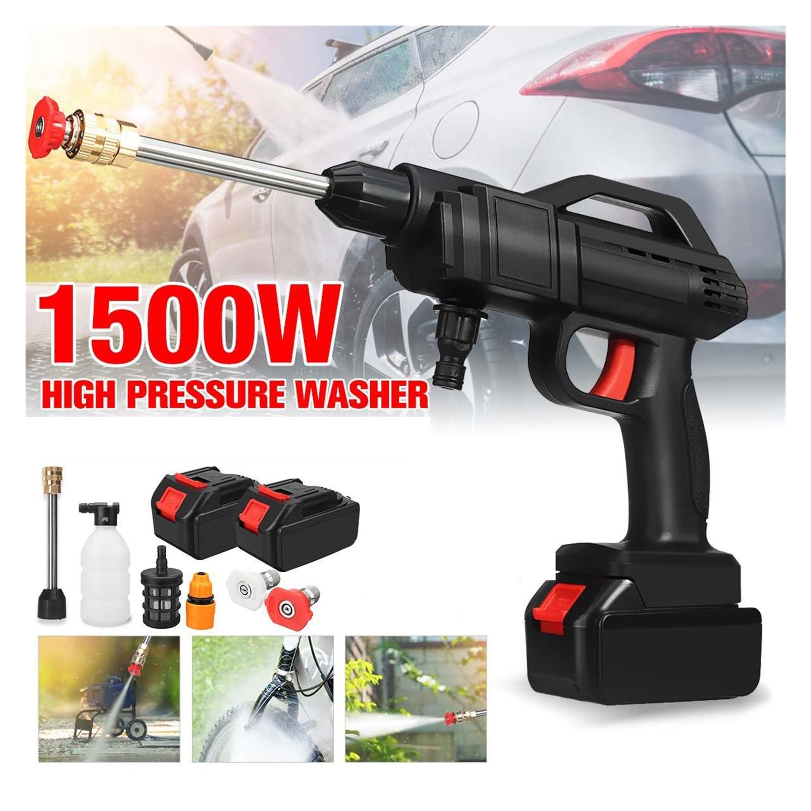 Lavadora De Coche 1500W, Limpiador Pistola Agua Pulverizada A Presión Inalámbrico Eléctrico, Manguera Limpieza con Batería Potente Chorro A PresióN