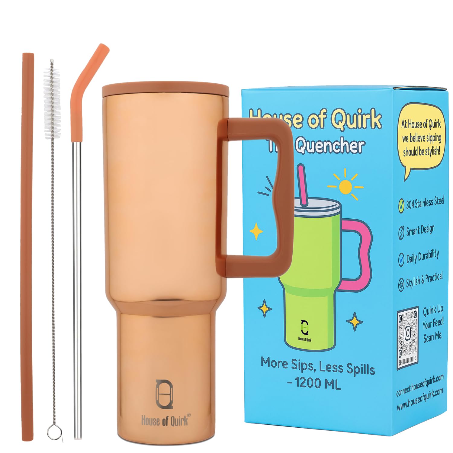 House of Quirk 1200ML Stainless Steel Tumbler with Handle & Lid, 2 Straws – Large Travel Mug Water Cup for Gym, Office & Outdoor Use (Mettalic Gold)