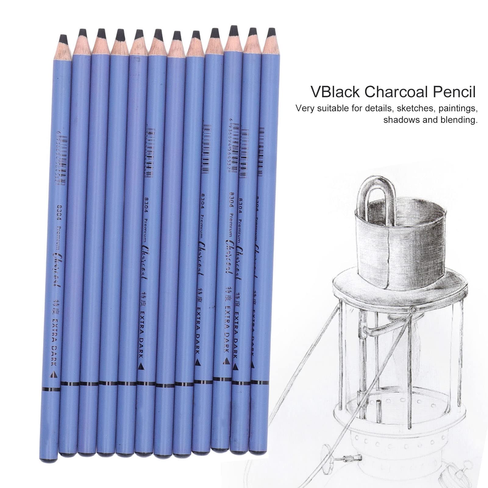 Naroote Kohleschwarzes Weiches Skizzenkunst-Set Zum Zeichnen, 12 Stück Kohlestifte für Figuren, Porträts, Stillleben, Ideal für Künstler und Kunststudenten, Buchenholzmaterial