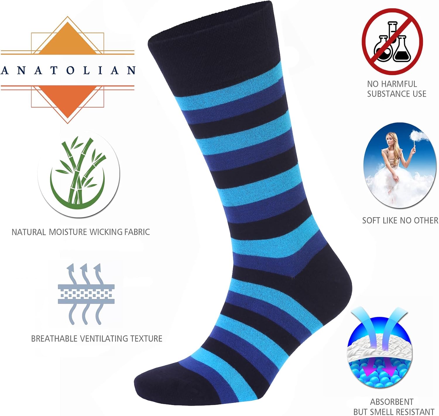 anatolian Colorful Crew Socks for MEN WOMEN - Natural Silken Soft Seamless Casual or Dress Socks