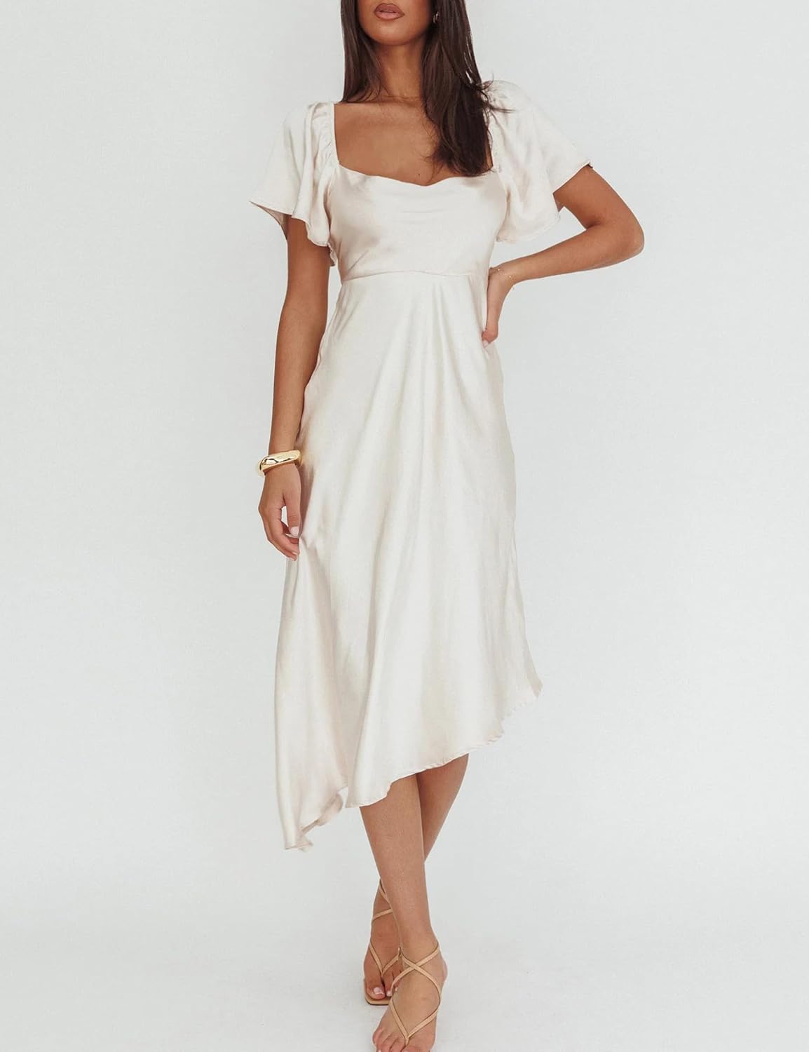 2026 Satin Cowl Neck Flutter Sleeve Midi Dress Silk Sexy Tie Back Asymmetrical Hemline Formal Long Dresses for Wedding Guest - Image 4