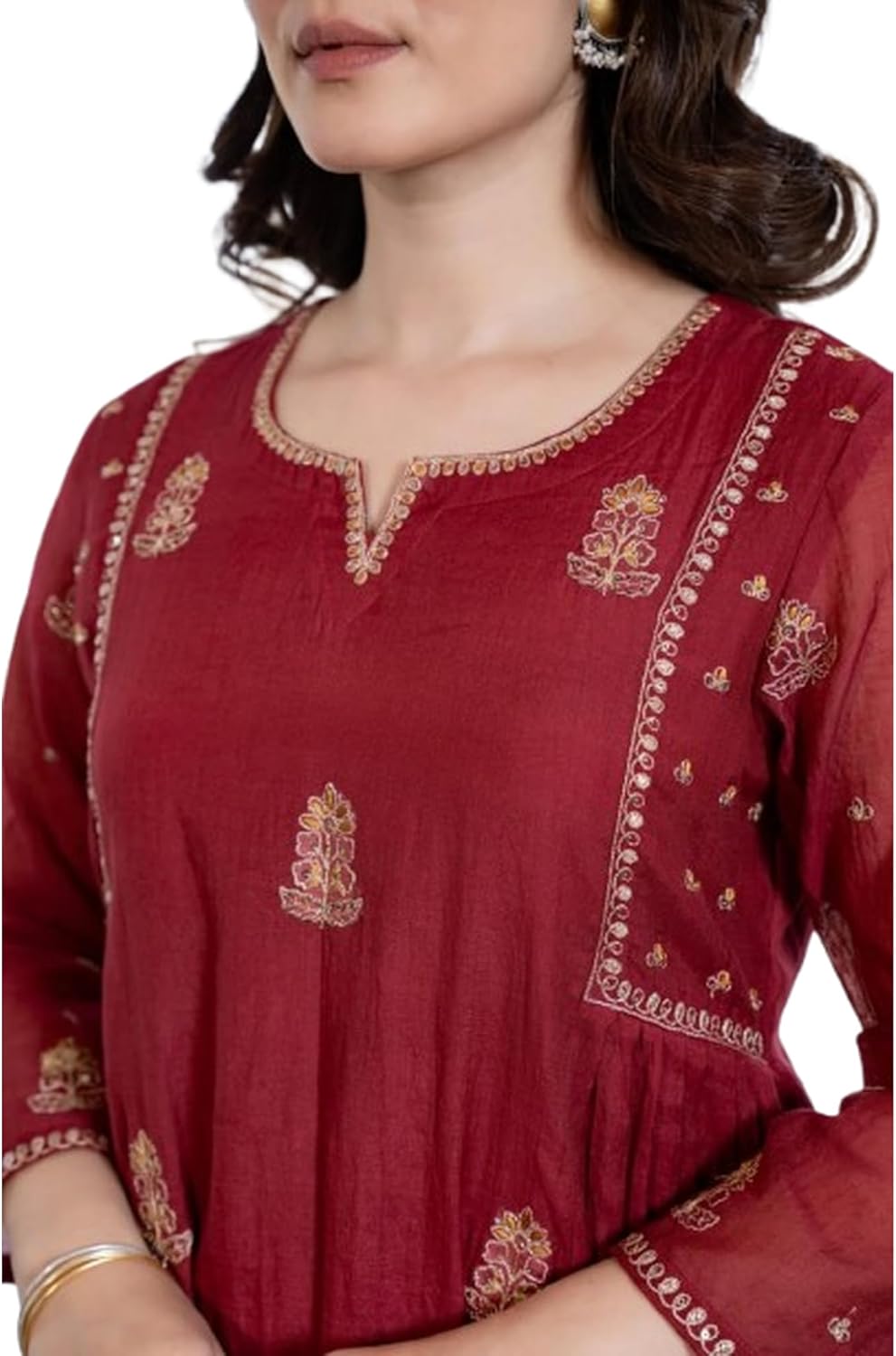 Women's Embroidered Kurta Set with Dupatta, Red and Mustard, Anarkali Floral Mul Chanderi Kurti Set