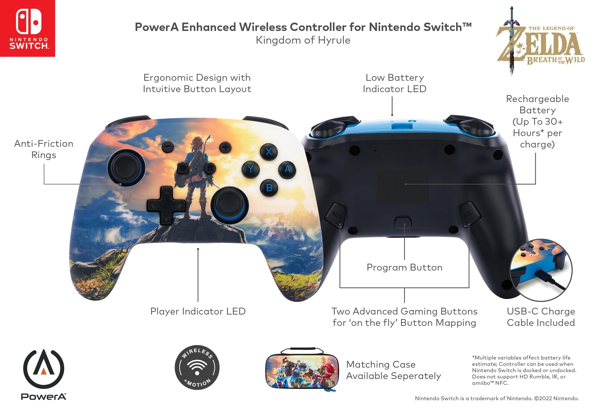 PowerA Controller wireless migliorato per Nintendo Switch/Switch 2/Switch Lite/OLED Model - Kingdom of Hyrule - Gamepad, controller di gioco, licenza ufficiale