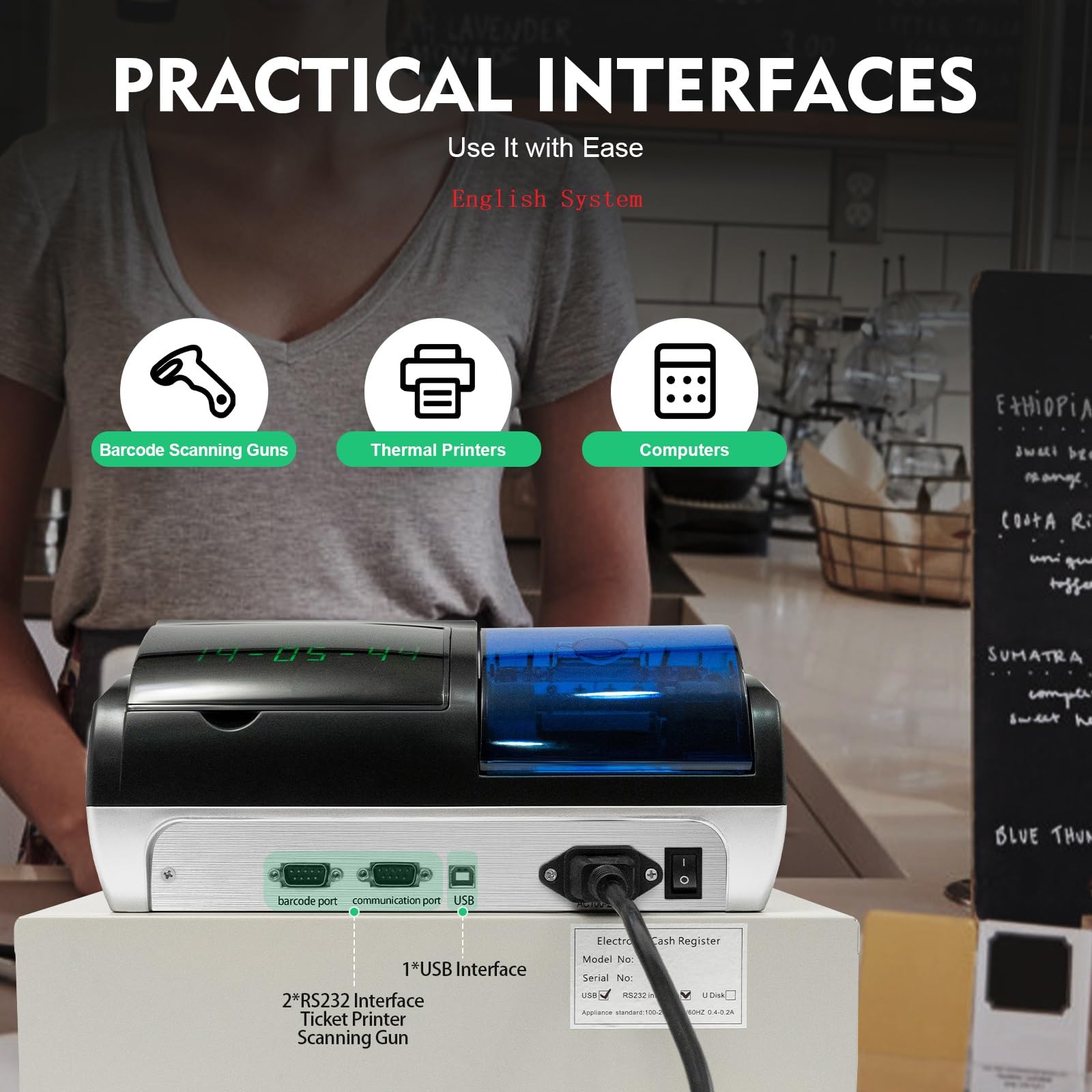 Electronic Cash Register English System Dual LED Display with 48 Keys POS Banknote Recognition Function Cash Register for Retail Restaurant Supermarket
