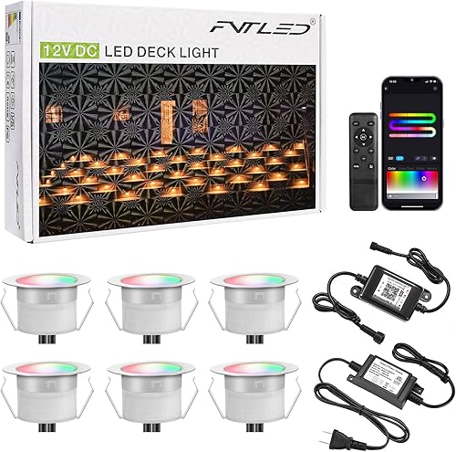 Luz LED empotrable RGB+IC, 1.22 paquete de 6 luces LED escalonadas, luces inteligentes multicolor dinámicas, iluminación de cubierta DC12V bajo