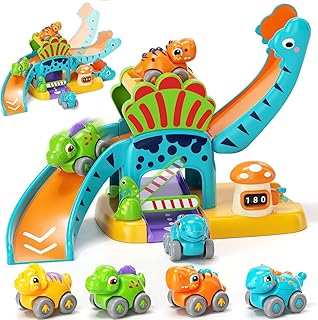 Lehoo Castle Dinosaur Car Set from 1 2 3 Years Educational Toy with Slide & Parking Space Promotion Motor Skills & Creativity Gift for Boys 1-3 Years