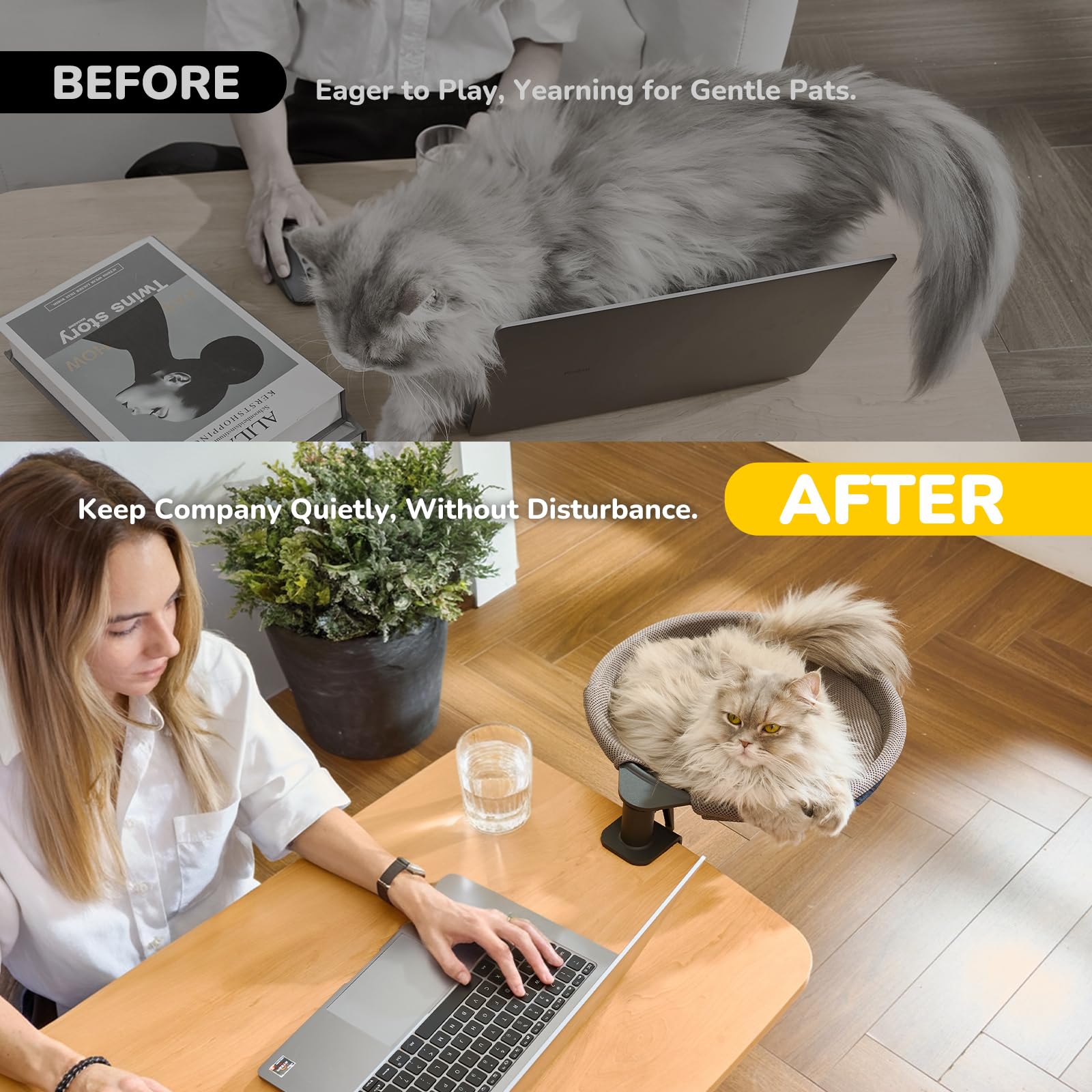 Iptienda Katzenbett Für Schreibtisch - 360° Drehbar Mit Verstellbarer Höhe (Gelb)