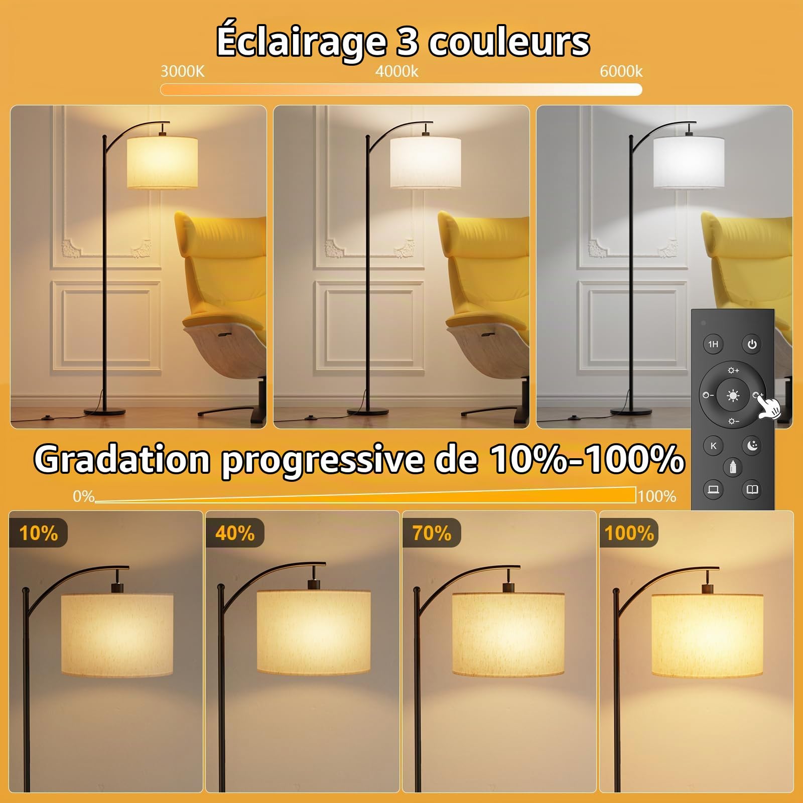 Lampadaire sur Pied Salon avec Télécommande et Interrupteur à Pied