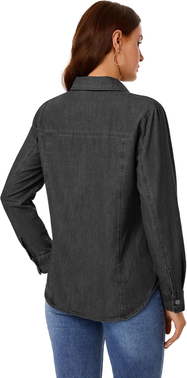 GRAPENT Denim Button Down Shirts for Women Long Sleeve Western Casual Lightweight Collared Pocket Jean Shirt Shacket Top - Image 4