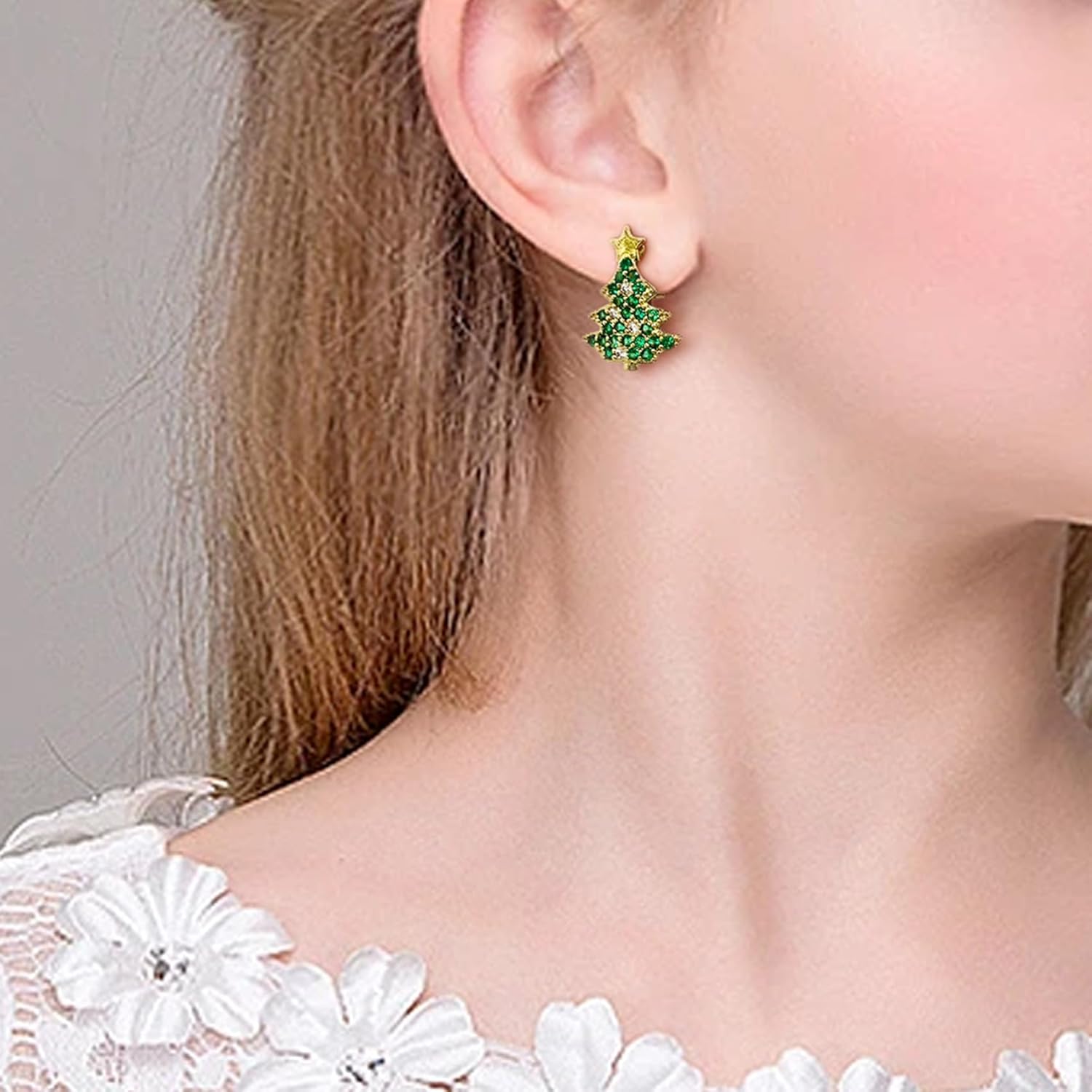 SELOVO Green Christmas Tree Shape Women Clip on Earrings Stud Green Crystal Gold Tone - Image 4