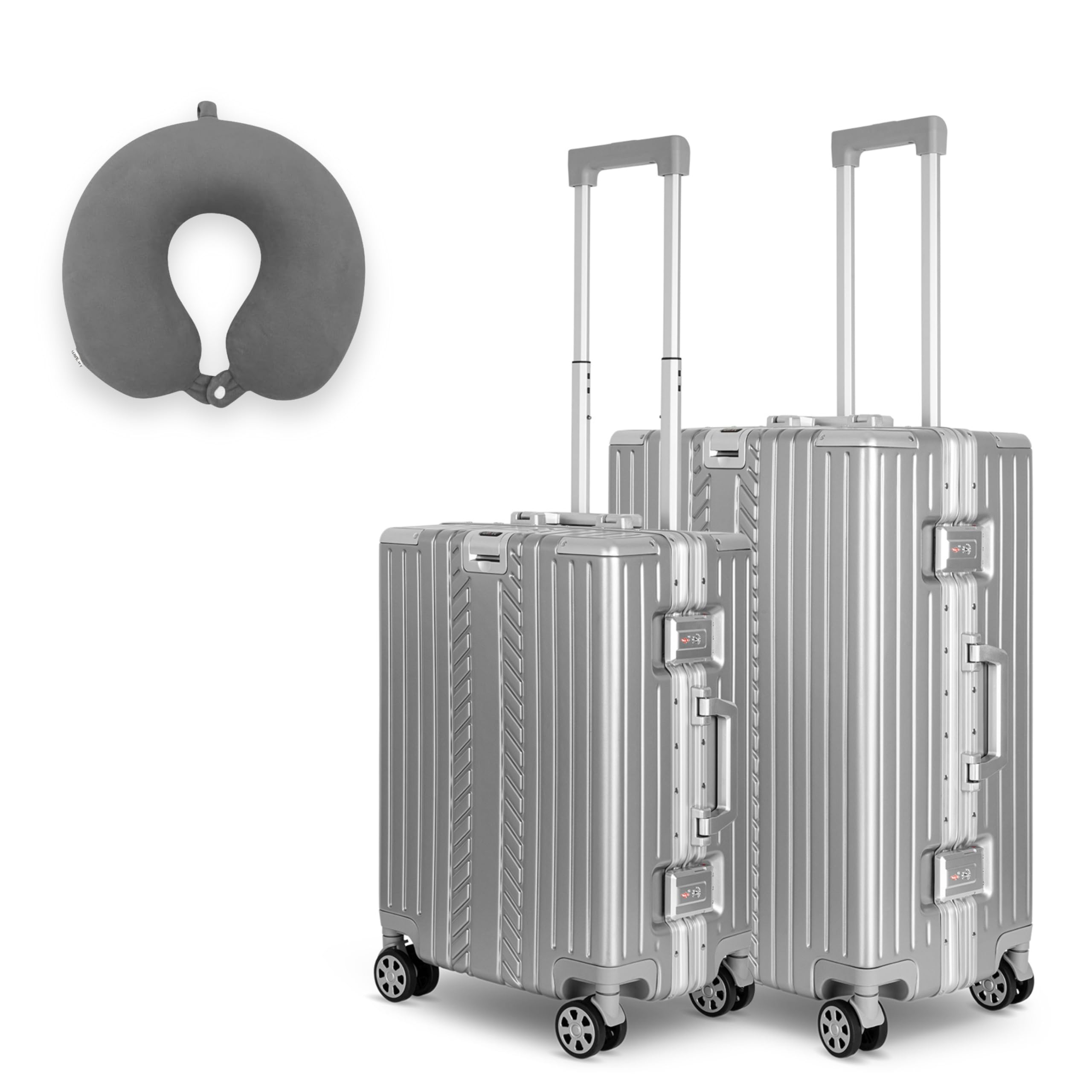 WINLIFE Zestaw ekonomiczny M+L, walizka podróżna z aluminiową ramą z tworzywa ABS + antracytowa poduszka pod kark i zamek TSA, bagaż podręczny M (53 cm) + walizka na kółkach (65 cm) walizka z twardą