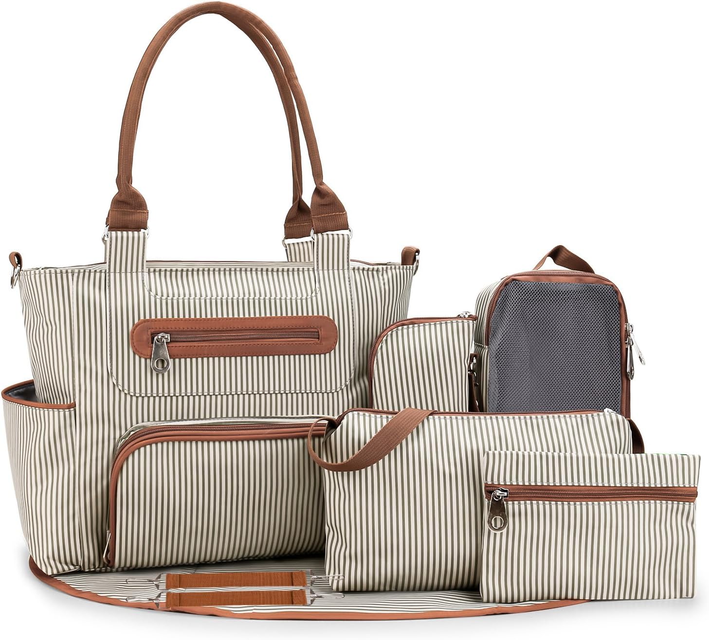7 x Baby Diaper Bag Set, Multi-Functional Diaper Bag with Shoulder Strap, Maternity Travel Nappy Bag with Changing Mat & Stroller Hooks