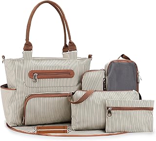 SONARIN 7pcs Nappy Changing Bag Set,Multifunction Mummy Tote Bag Baby Changing Bag Shoulder Handbag Travel Diaper Bag with Bottle Bag Changing Mat and Stroller Straps,white stripped(Khaki)