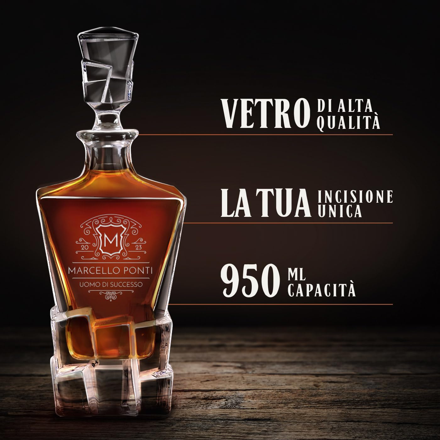 Maverton set Caraffa per whisky in vetro con 6 bicchieri - ideale per alcolici e liquori - 950 ml - incisione personalizzata - ottimo per acqua - pensiero speciale per Lui - milord