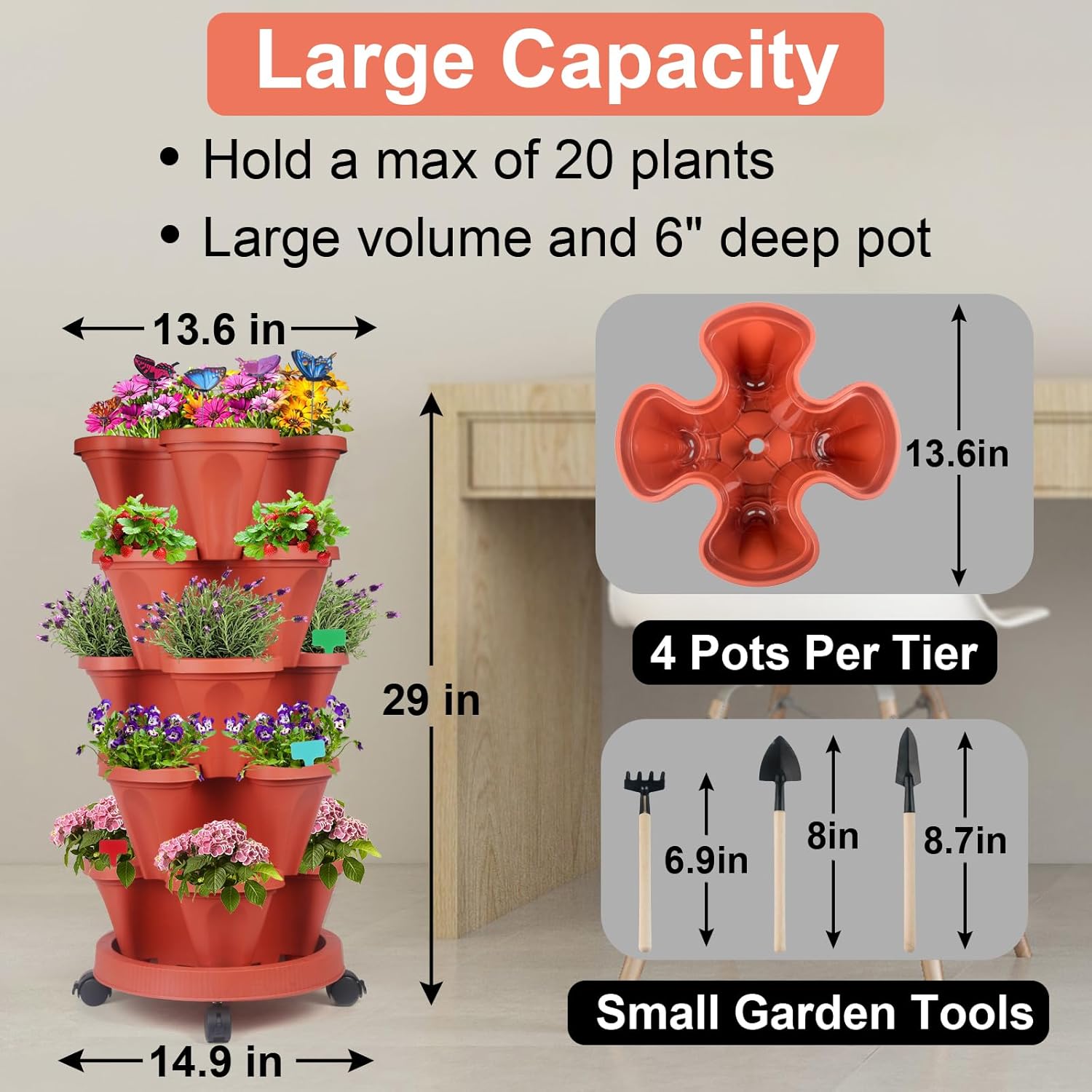 DUNCHATY Stackable Planter, Vertical Strawberry Planter with Garen Tool Set, Self Watering Garden Planter Indoor/Outdoor 5 Tier Herb Planter Pots for Growing Vegetables and Succulents, Clay Red