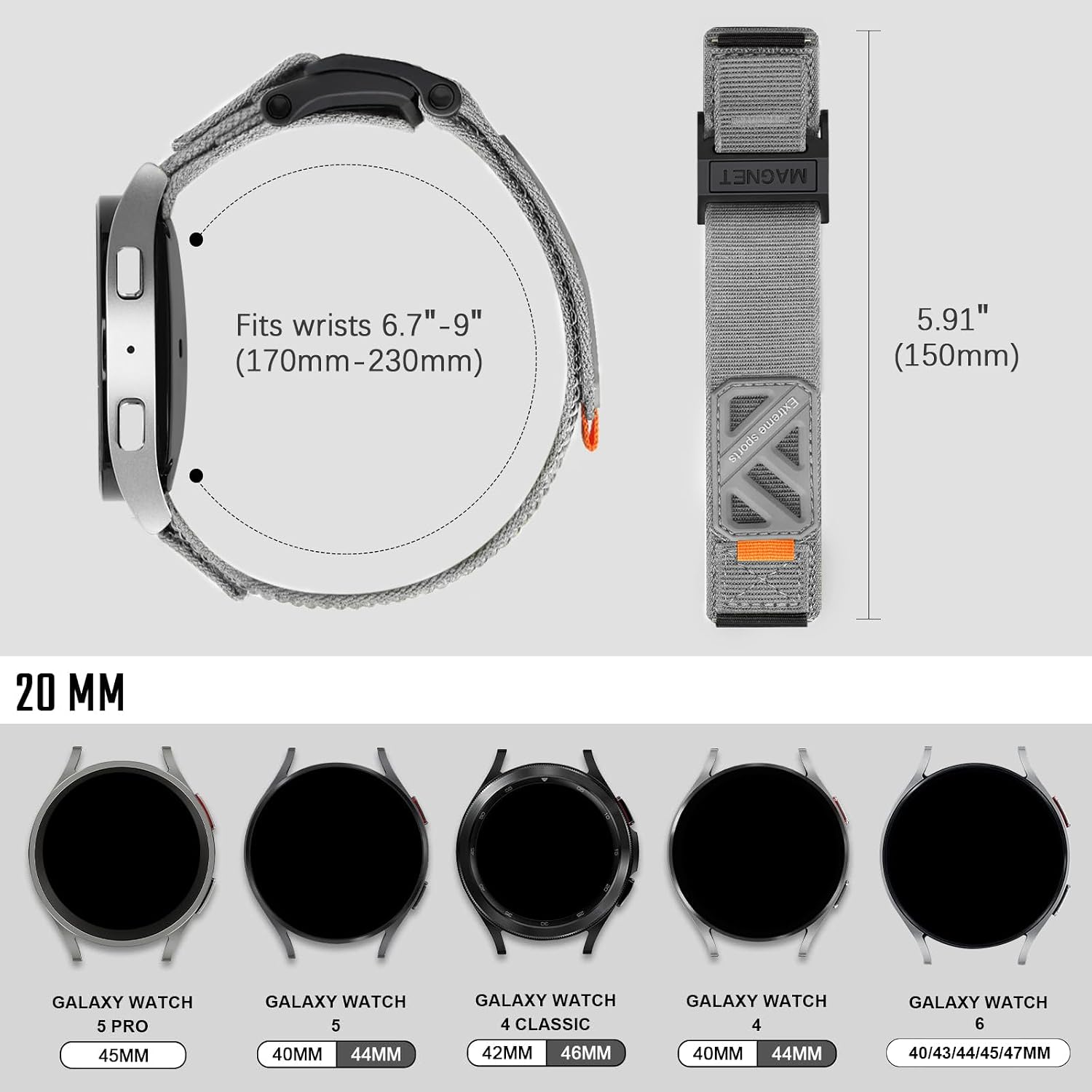 Compatible with Samsung Galaxy Watch 7 6 5 4 FE Band 40mm 44mm/ Watch 6 4 Classic 47mm 43mm 42mm 46mm/5 Pro 45mm/Watch 3 Classic 41mm/Active 2, 20mm Nylon magnetic snap fastener Replacement Sports band for Men