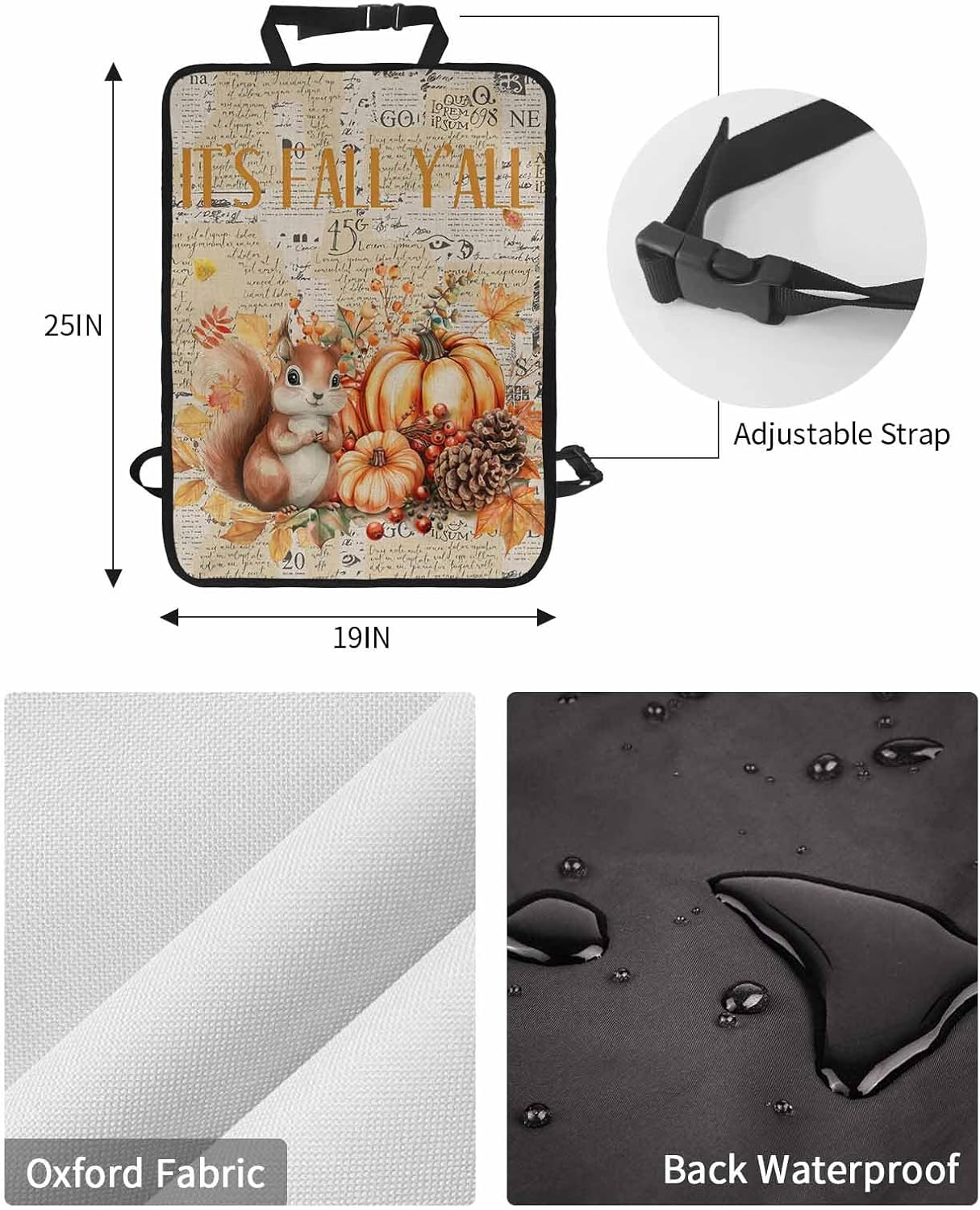 Car Seat Protector, 2 Pack Kick Mats Back Seat Protector Fall Thanksgiving Retro Cute Squirrel Pampkin Maple Leaves Waterproof Backseat Cover for Kids Universal Fit Automotive Interior Protectors