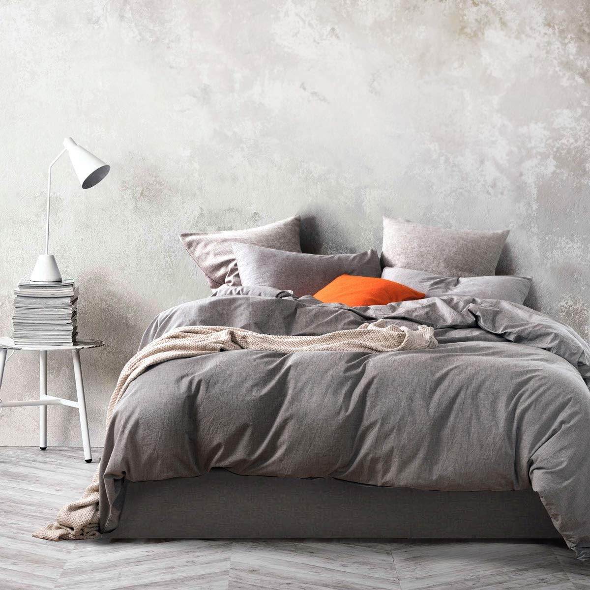 ATsense Duvet Cover Queen Size, 100% Washed Cotton Linen Feel Super Soft Comfortable, 3-Piece Neutral Grey Duvet Cover Bedding Set, Durable and Easy Care, Simple Style Farmhouse Comforter Cover