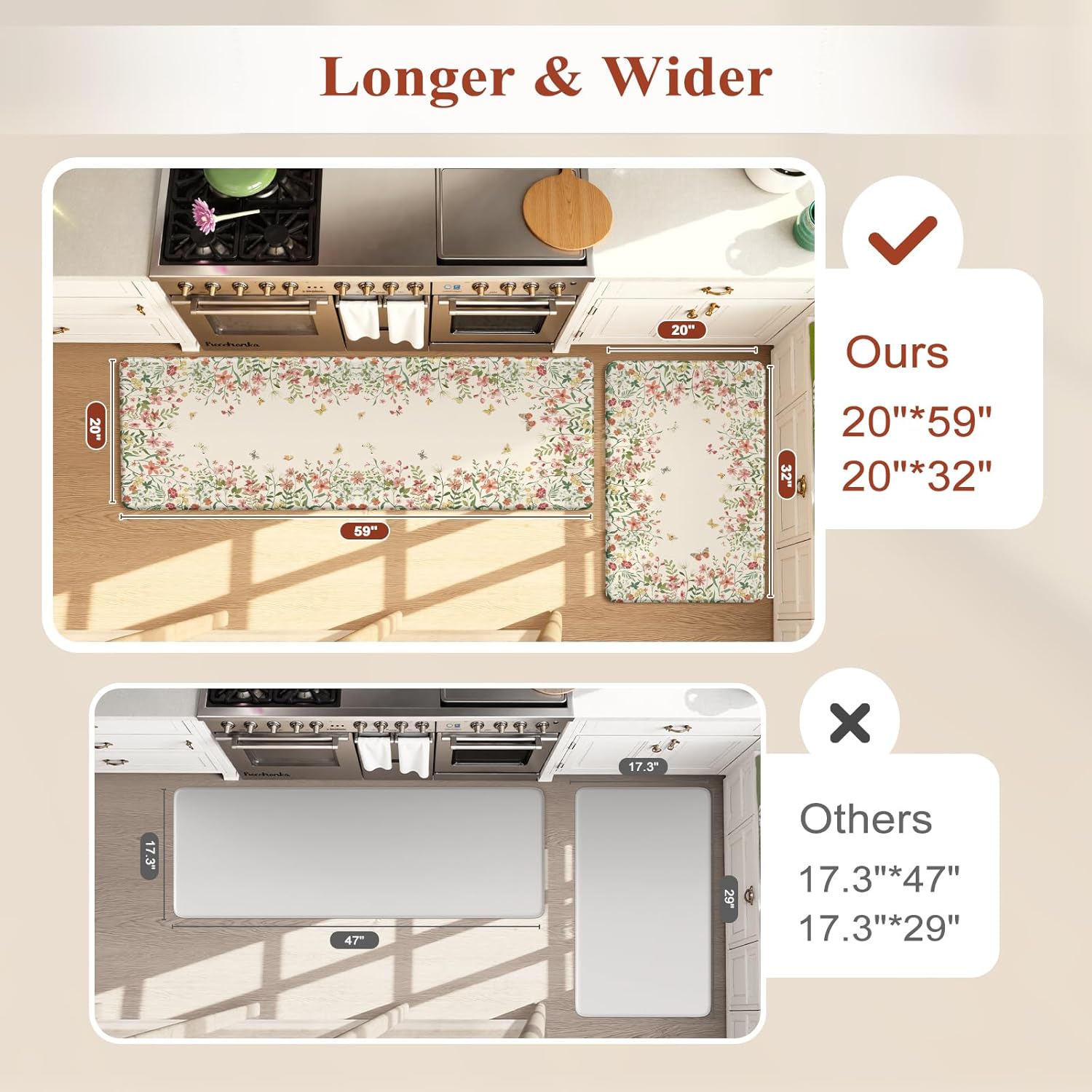 KIMODE Anti Fatigue Kitchen Mats for Floor 2 Piece, Beige Farmhouse Kitchen Rugs Sets of 2, Non Slip Waterproof Kitchen Floor Mats, Standing Mats for Laundry Office Sink Desk 20"x59"+20"x32"