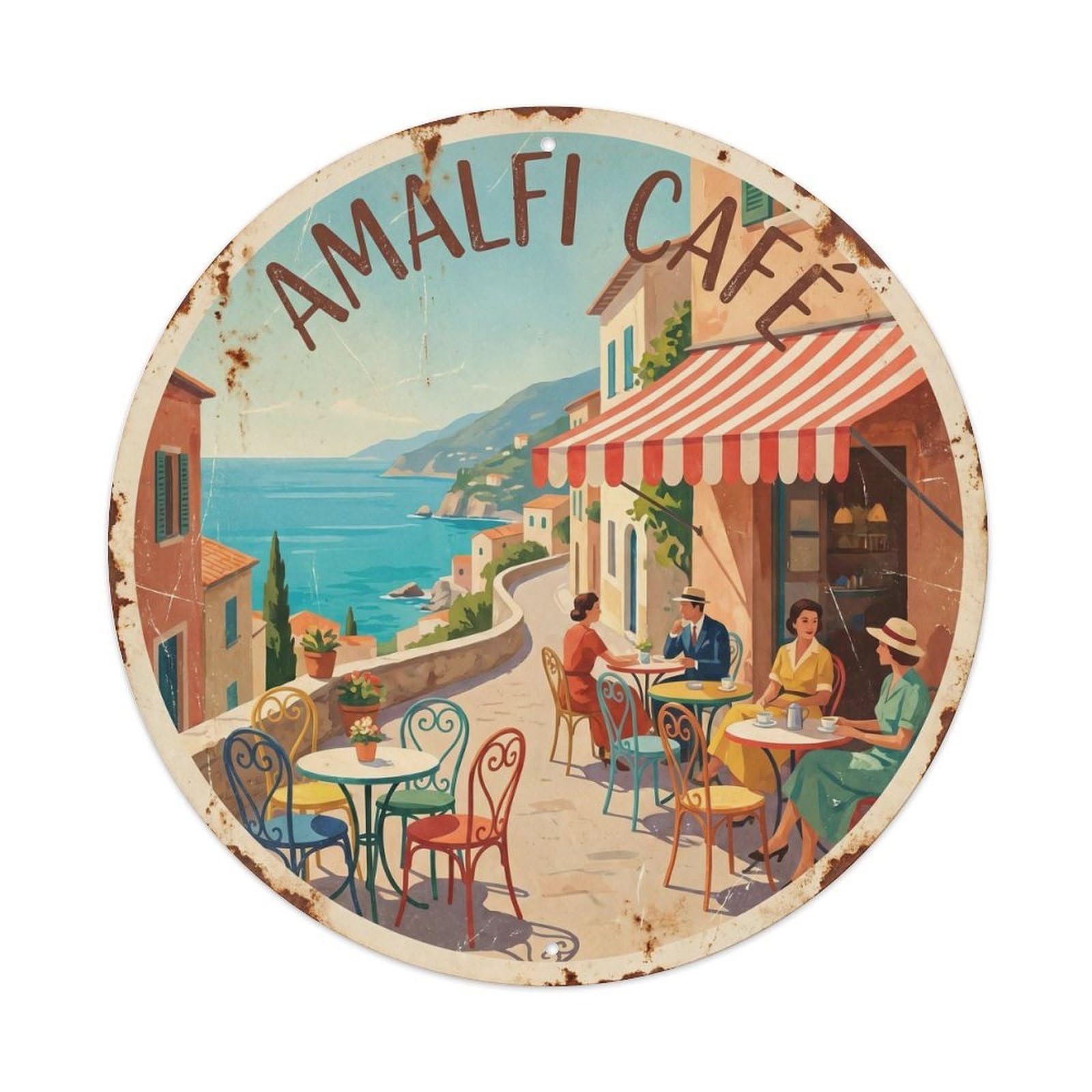 Italian Seaside Cafe Village Vintage Travel Mediterranean Metal Tin Sign Plaque Wall Decor for Cafe, Man Cave, Club Bar, Office, Home Garden Round Metal Poster 8x8Inch