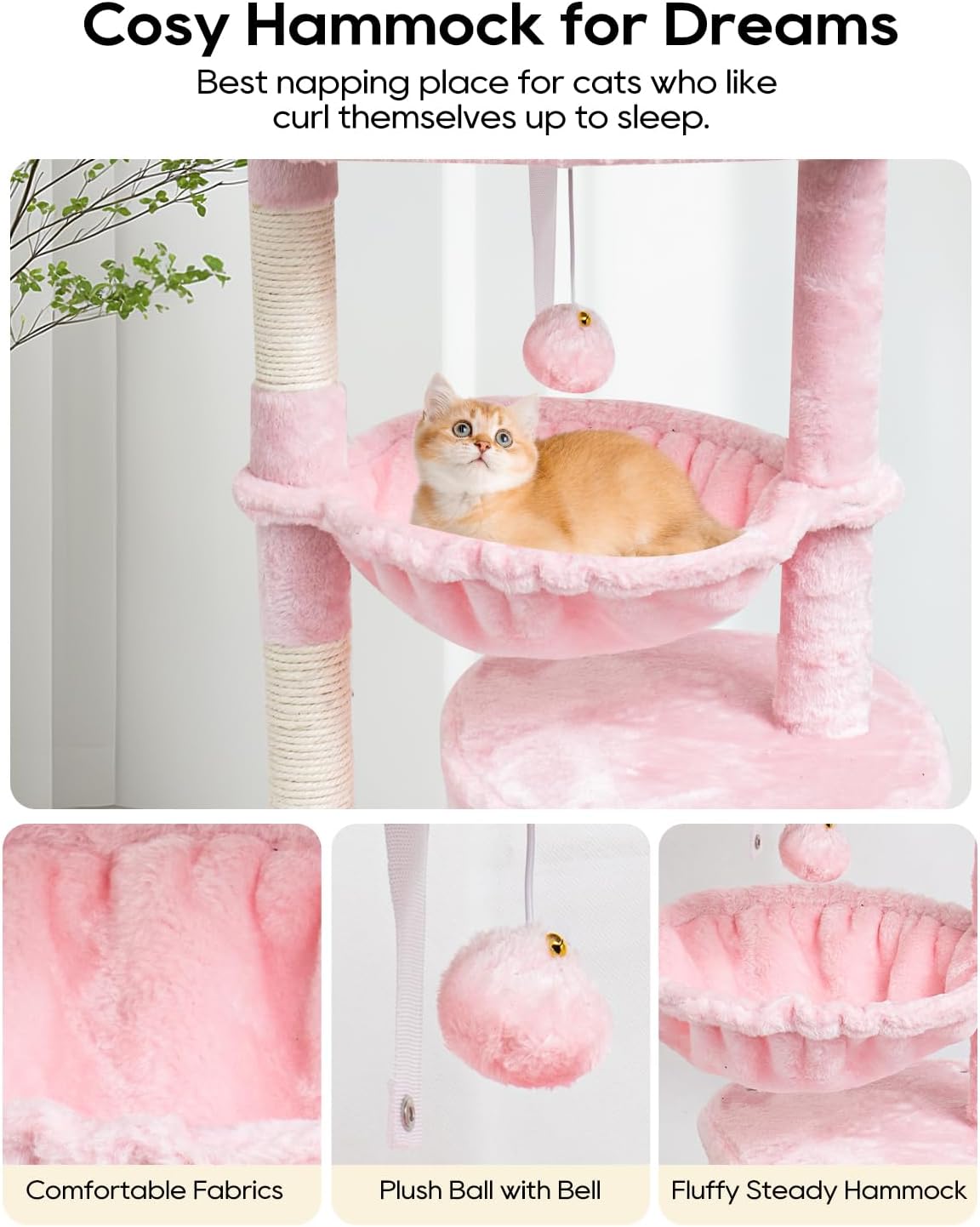 SYANDLVY Small Cat Tree for Indoor Cats, Cat Tower with Scratching Post, Modern Cat House with Padded Perch, Kittens Condo with Cradle, Cat Cave, Pink