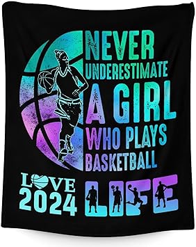 Basketball Throw Blanket for Girls - 40x50 Inches Crib Size - Soft Fluffy Cozy Blankets Gift - Black Sports Blanket Throws for Travel, Office