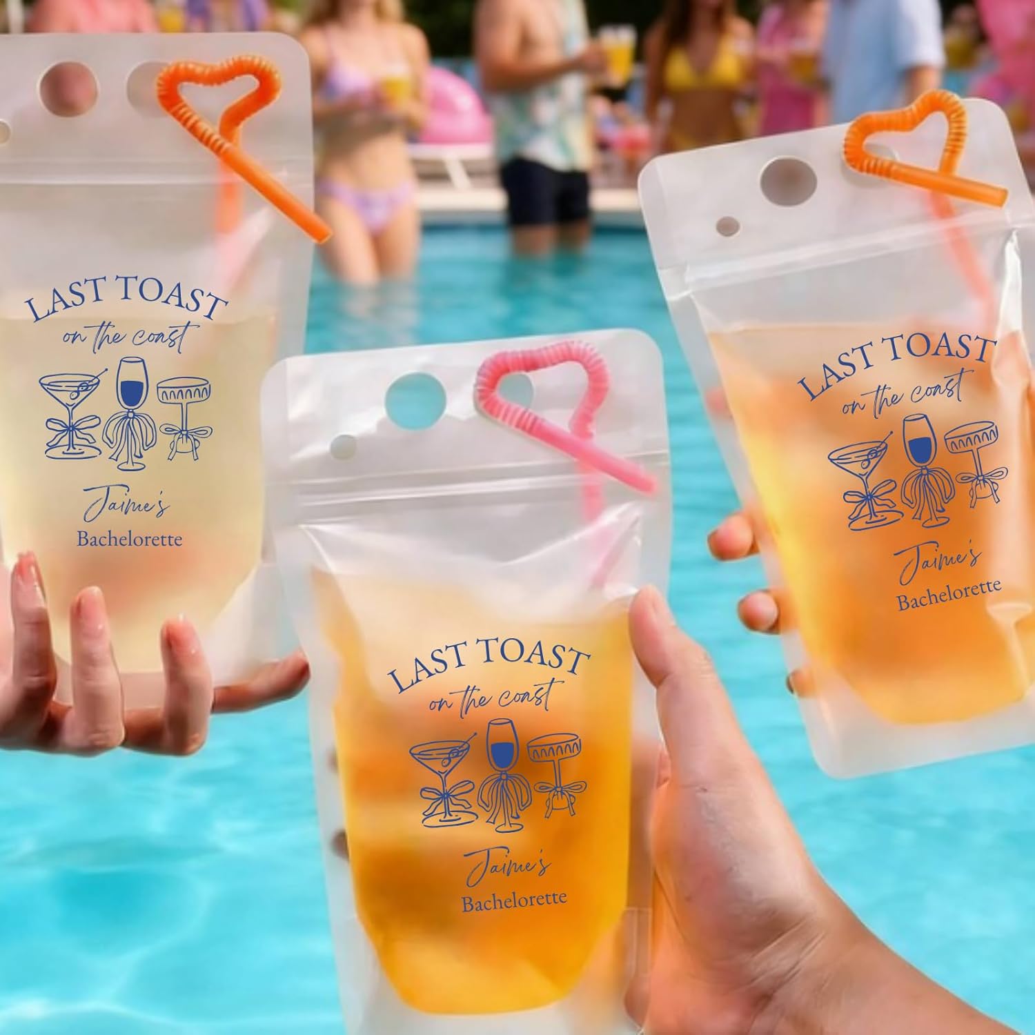 12 Pcs Custom Birthday Drink Pouches with Straws, Custom Photo/Text Beverage Summer Beach Pool Drink Bags, Personalized Poolside Tropical Outdoor Party Supplies