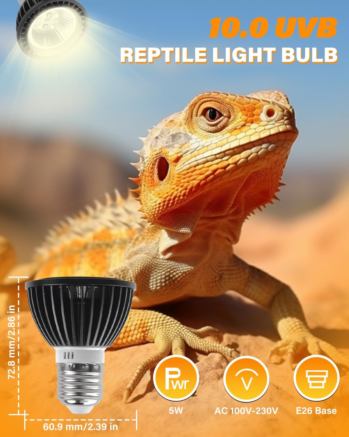 10.0 Reptile UVB Light Bulbs, 5W UVA UVB Reptile Light Bulb for Desert Reptile, Full Spectrum LED UVB Bulb Ideal for Bearded Dragon, Lizard, Spider, Turtle, Leopard Gecko, 2-Pack