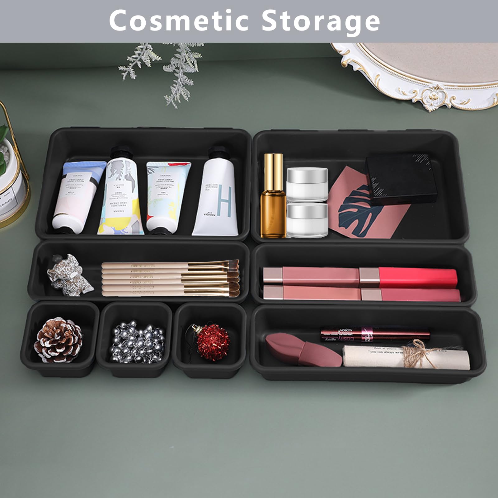 Organizer Cassetti Bagno 8 Pezzi, Divisori Contenitori in Plastica per Trucchi Stoviglie Cancelleria