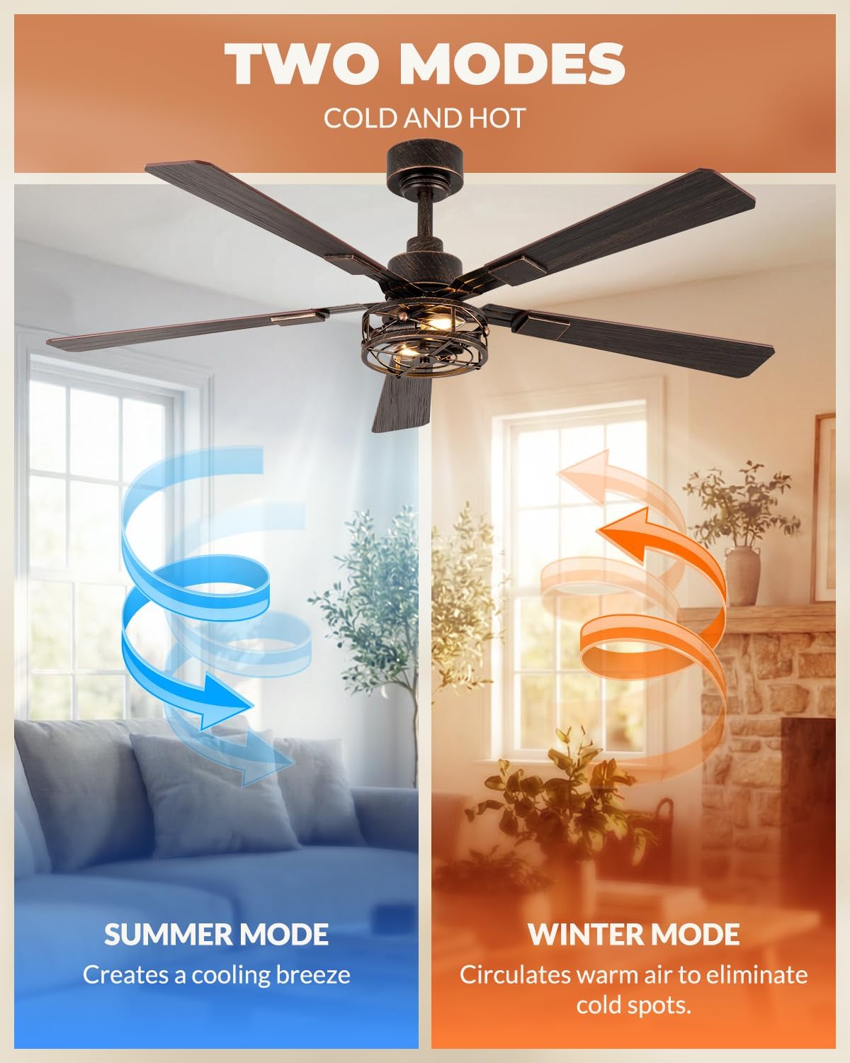 52 Inch Farmhouse Ceiling Fans with Lights, Caged Ceiling Fan with Remote Control, Quiet and Reversible DC Motor, 6-Speed 5 Blades House Ceiling Fan for Kitchen, Living Room, Black and Gold Color