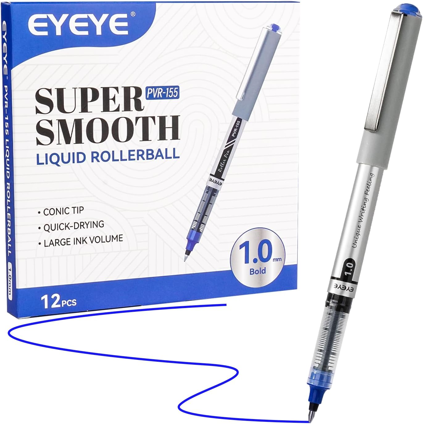 EYEYE Liquid Ink Rollerball Pens 1.0mm Blue, 12 Pack Bold Point Roller Ball Pen Quick Dry, Blue Ink Pens Fine Point Smooth Writing Pen for Journaling, Note Taking, Office, School Supplies