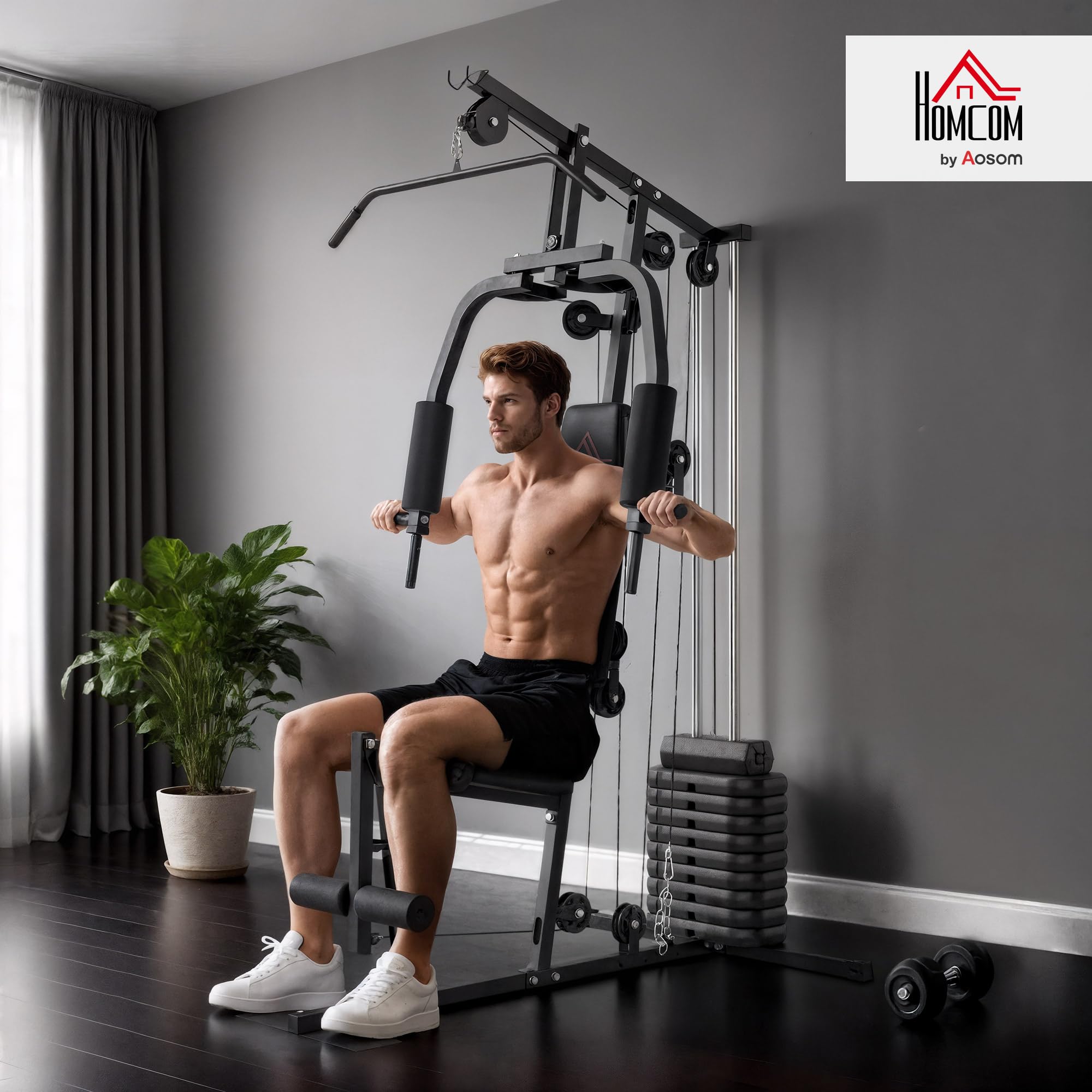 HOMCOM Station de Musculation Fitness Machine de Musculation avec 9 Blocs de Poids de 5 kg, 45kg au Total, entraînement Complet - 200 x 135 x 103 cm