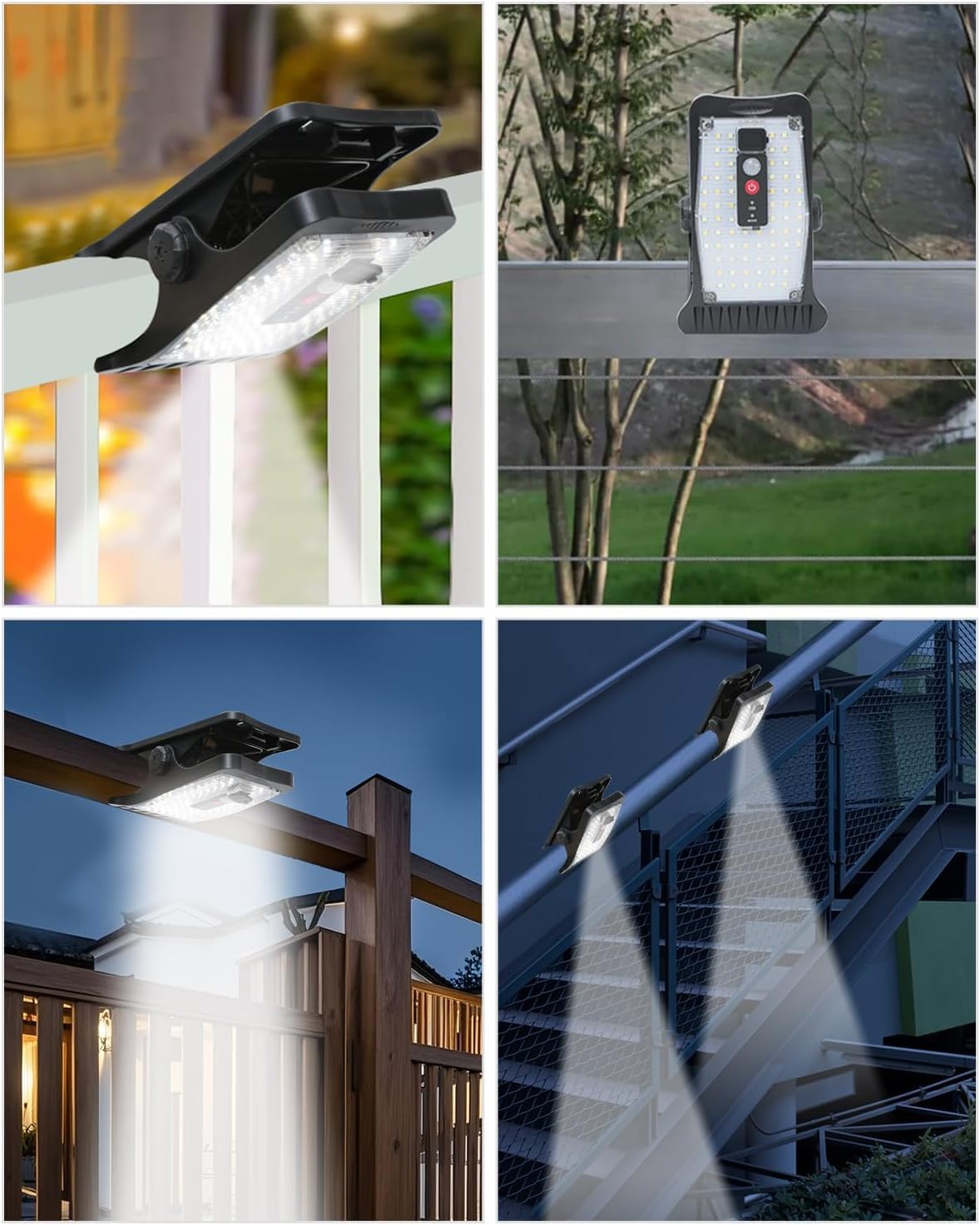 Luci solari per esterni, 4 pezzi di luci solari con clip con sensore di movimento, 70 LED, 3 temperature di colore, USB e telecomando, lampada solare impermeabile per recinzione