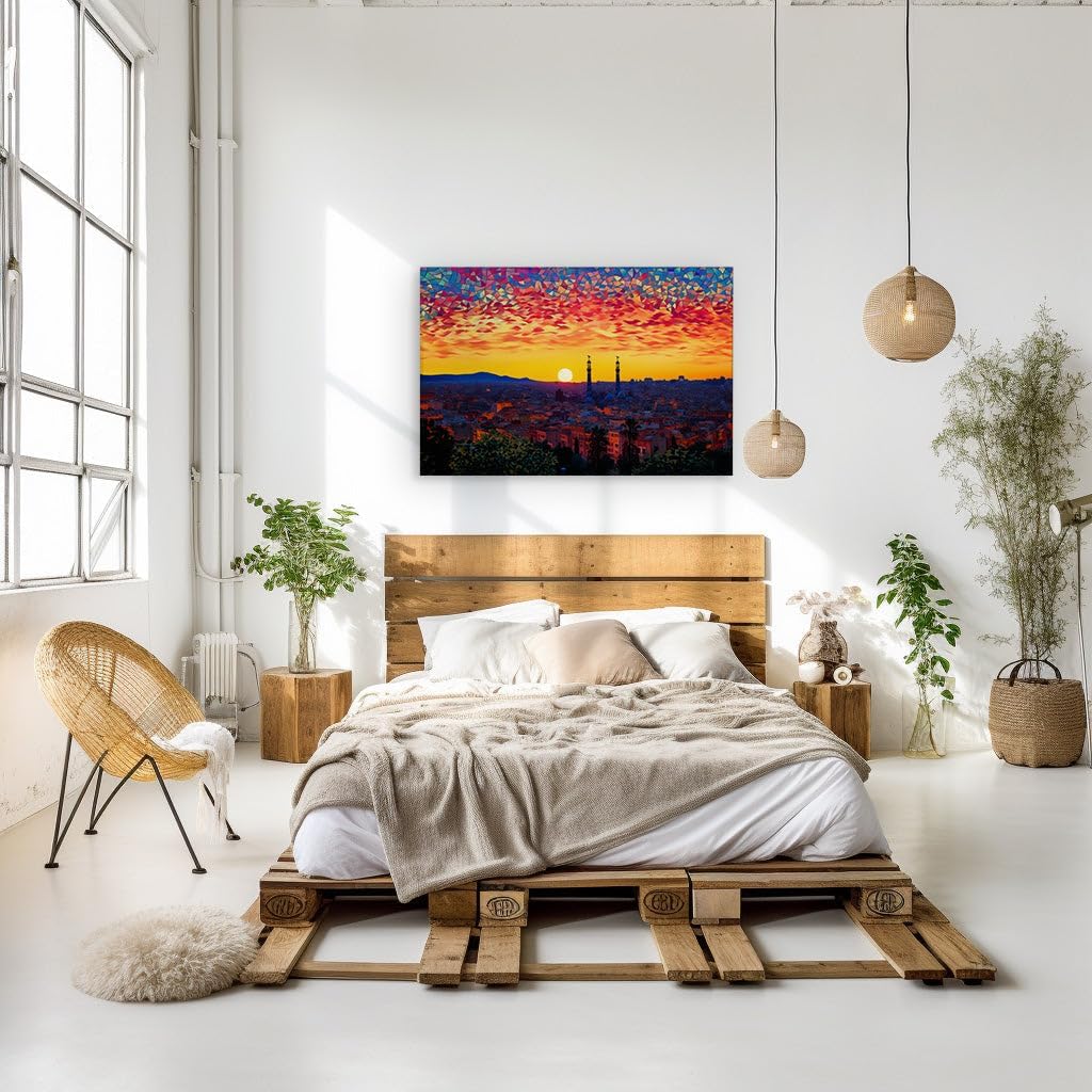 Canvas for Living room. Dusk to Dawn Cityscapes: A Warm Spectrum Over a Tranquil Urban Canvas, 27 x 18 inch Canvas Wall Art - Ready to Hang