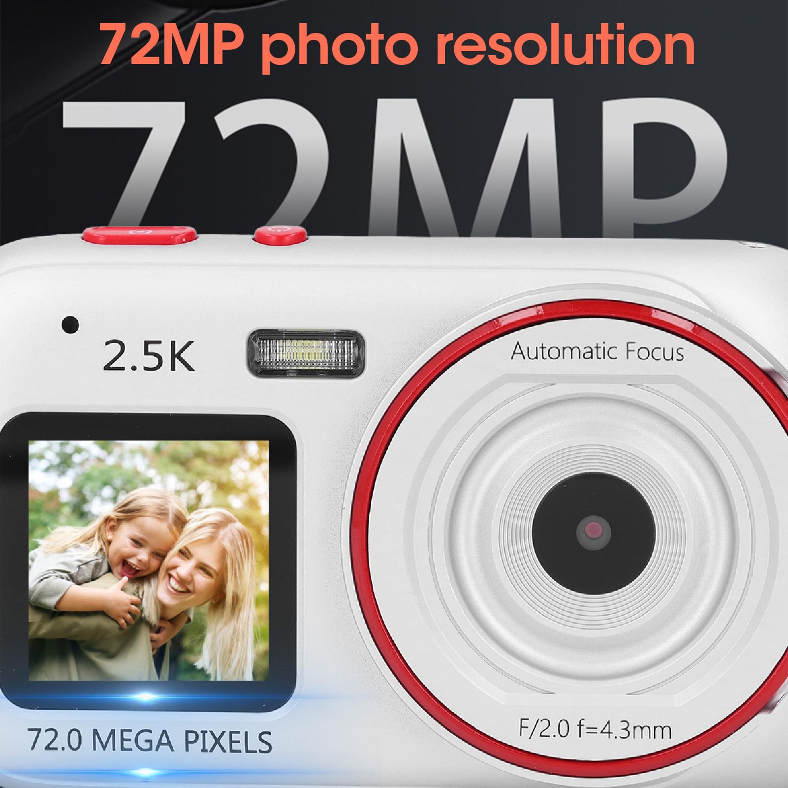 Fotocamera Digitale 2,5K per Fotografia, Fotocamera Selfie da Viaggio con Messa a Fuoco Automatica con Doppio Schermo, Fotocamera per Vlogging con Zoom Digitale 16X (SILVER)