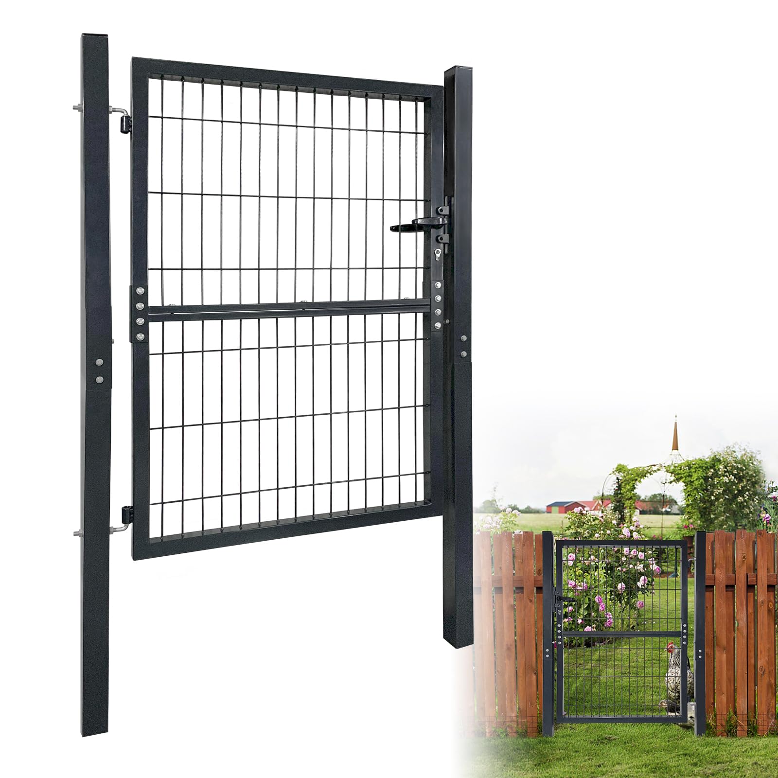 Aufun Cancello da giardino con serratura - Porta di recinzione, 125 x 100 cm, nero