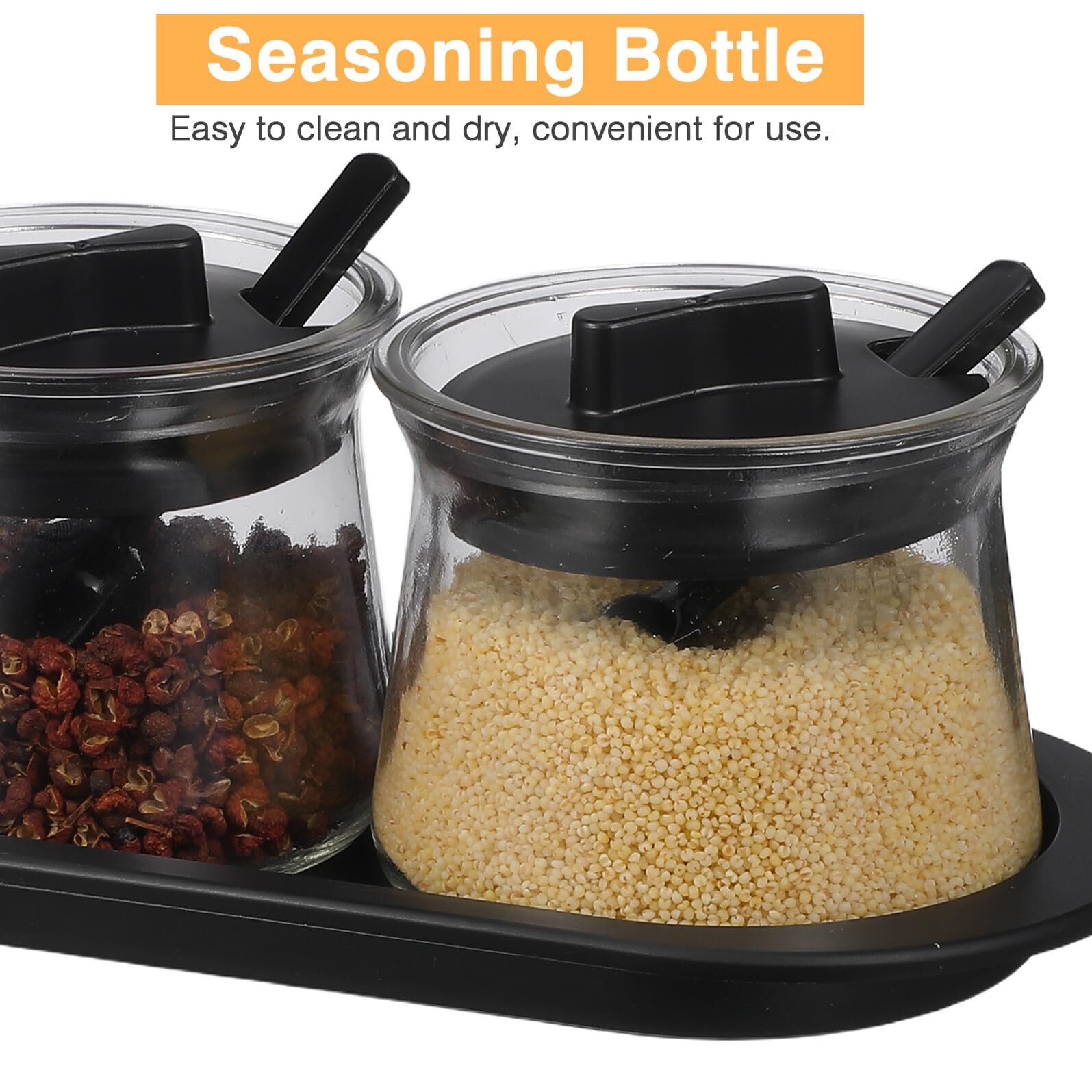 Happyyami Set 3 Barattoli per Condimenti in Vetro Soda con Coperchio, Cucchiai e Vassoio, Contenitori Trasparenti per Spezie da Cucina, Organizzazione Ordine e Uso Quotidiano