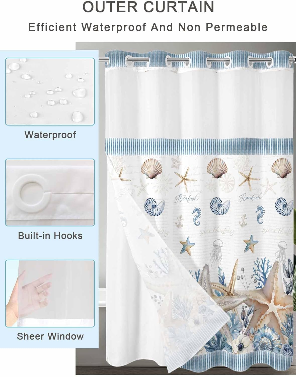 No Hook Shower Curtains with Snap-in Liner Set, Beige Starfish Coastal Waterproof Bathroom Shower Curtain, Blue Summer Beach Coral Shell Nautical Breathable Mesh Top Window Bath Curtains 60''x72''