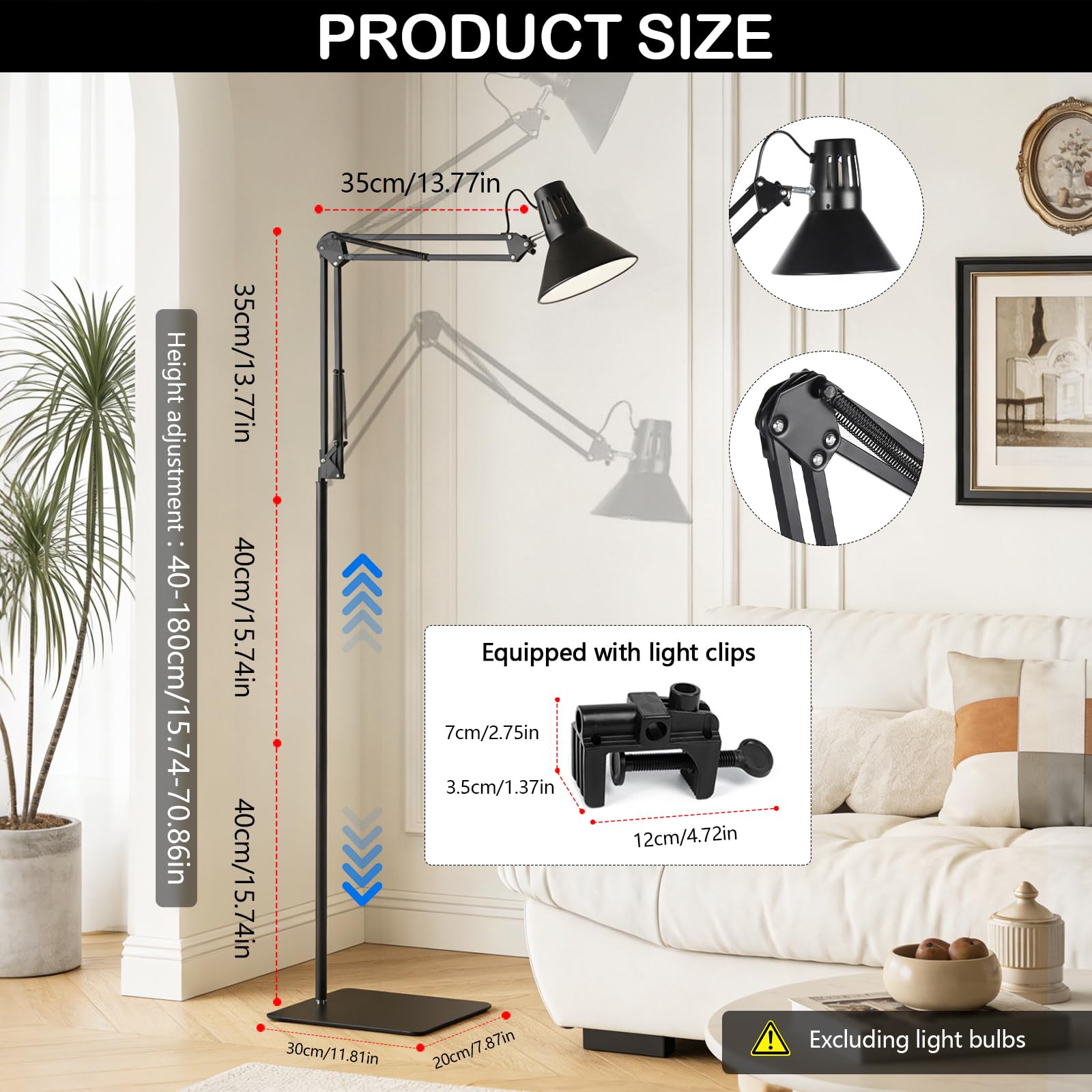 Supporto per Lampada Riscaldante per Rettili con Paralume, 40 - 180 cm Regolabile con Braccio Girevole a 360°, Supporto per Lampada da Terra Compatibile E27 per Tartaruga Acquari Terrari e Piante