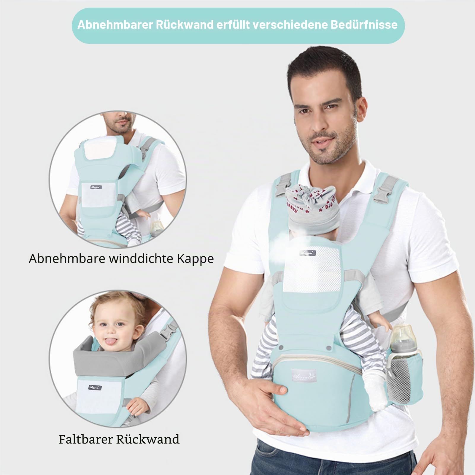 IULONEE Neugeborene Babytrage Baby Carrier Ergonomisch Babytrage mit Hüftsitz Multifunktional Kindertrage Dorsal und Ventral Babyrückentragen für Kleinkinder 3 Monate bis 3 Jahre (3-20kg) Grün
