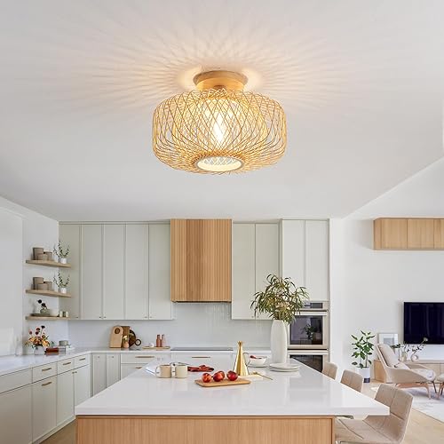 Miniatura 9 de Lámpara de techo de ratán bohemio de 13 pulgadas, bambú natural y madera tejida a mano, iluminación de granja de montaje empotrado para dormitorio,