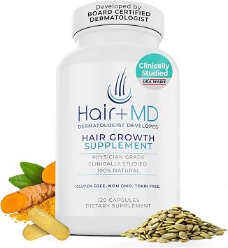 Hair Plus MD Hair Growth Supplement, 120 Capsules, 1 Month Supply | Supports Hair Growth & Density Dermatologist-Developed with Collagen & Vitamins Gluten-Free, Toxin-Free, Non-GMO