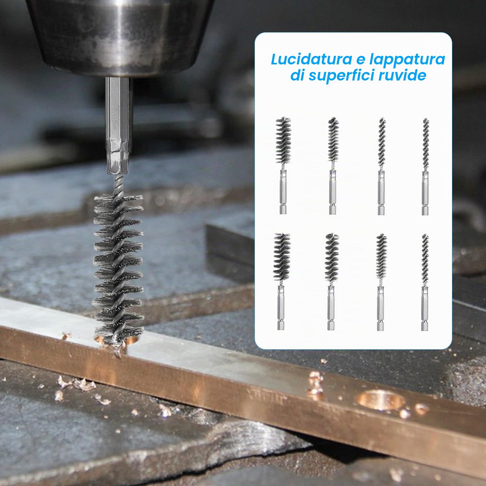 Set di 8 spazzole metalliche in acciaio inox per la pulizia, spazzola metallica per trapano elettrico, strumenti di lucidatura con asta esagonale da 6,35 mm