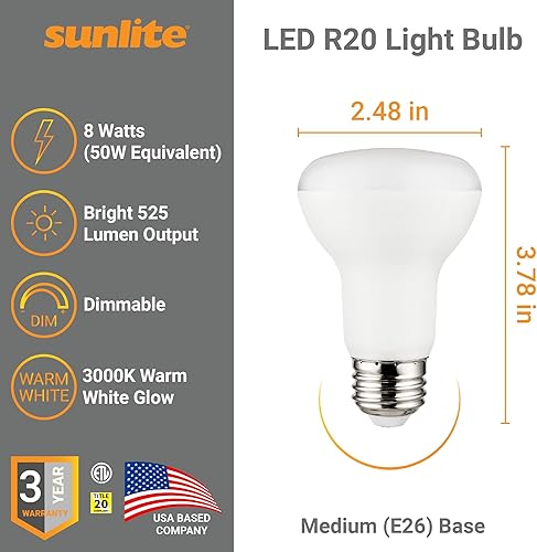Miniatura 2 de Sunlite 41221 LED 90 CRI R20 - Bombilla empotrada, 8 vatios (50 W), 525 lúmenes, regulable, base media (E26), ángulo de haz amplio de 110, Energy